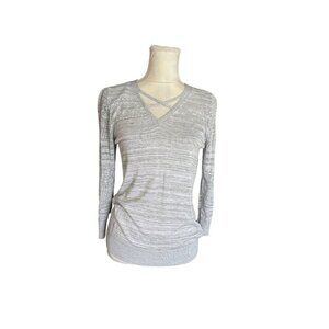Lety & Me Light Gray Lace Knit Sweater V-Neck With Criss Cross & Crochet Accent